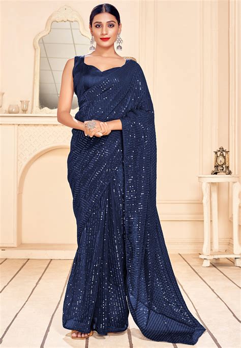 dark blue sequin saree